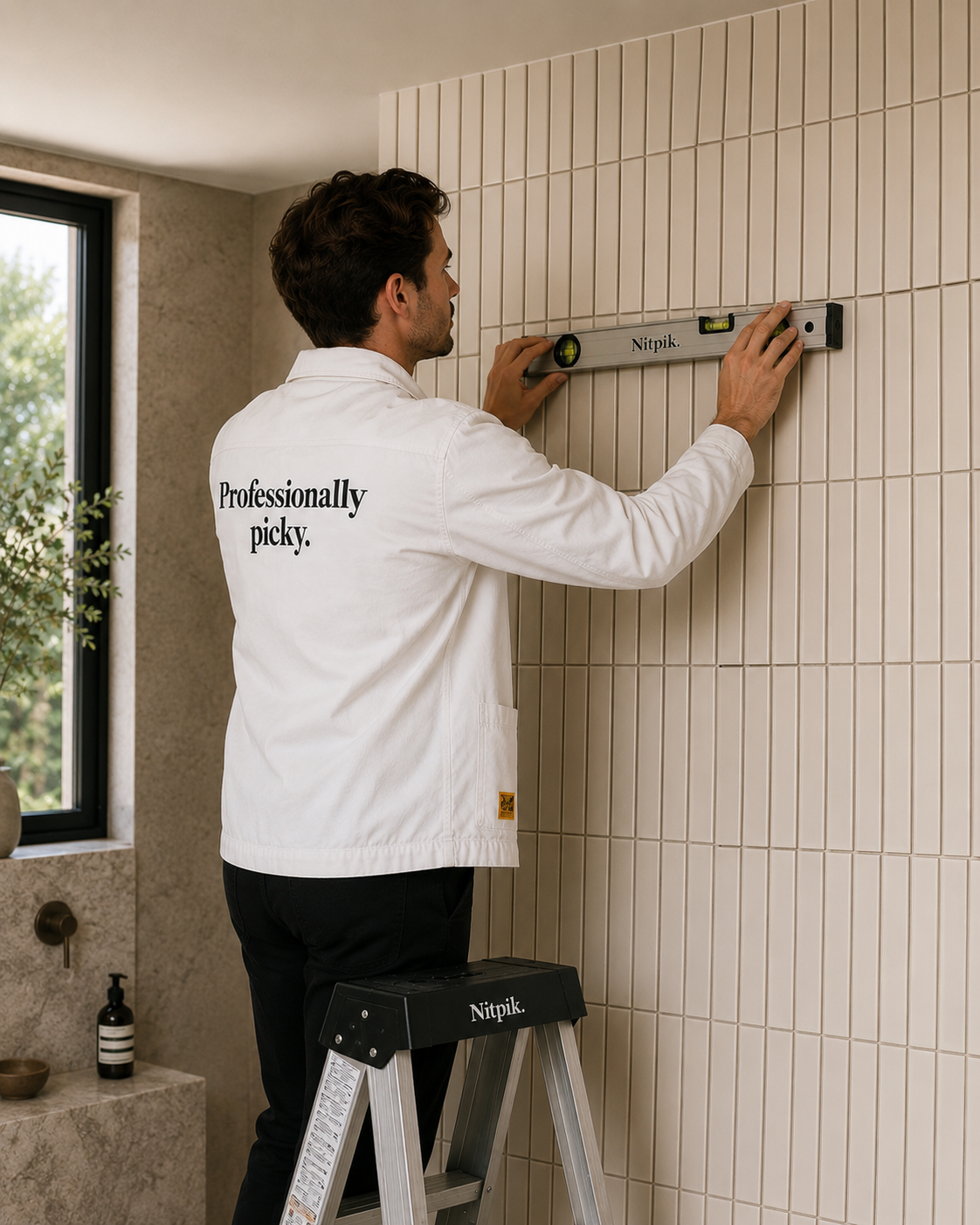 Nitpik inspector checking tile alignment with a spirit level